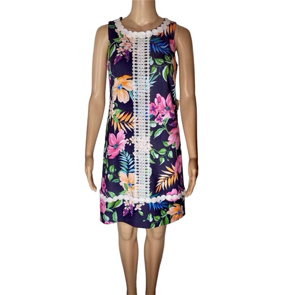Eliza J Navy Floral Lace Trim Sleeveless Sheath Dress Size 4 - Picture 1 of 9